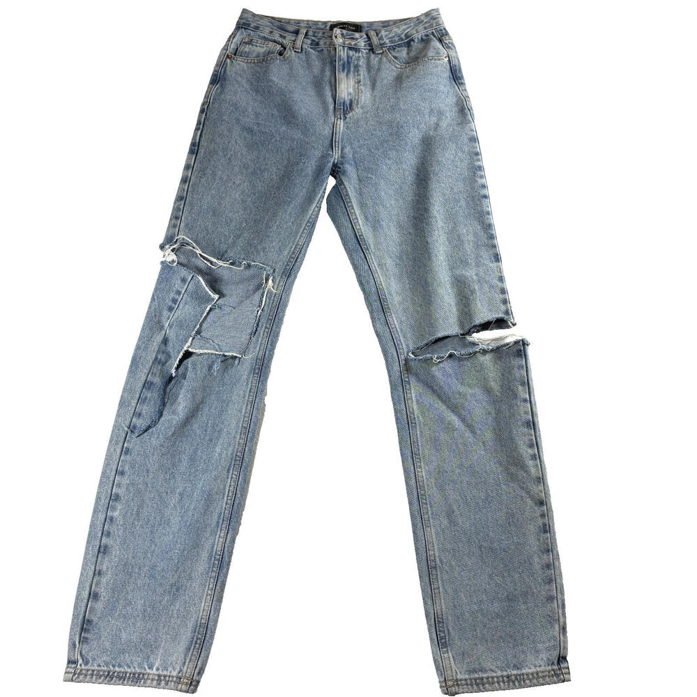 White Fox Womens Distressed Denim Jeans Vintage Y2K Straight Leg Blue Raw Cut Up
